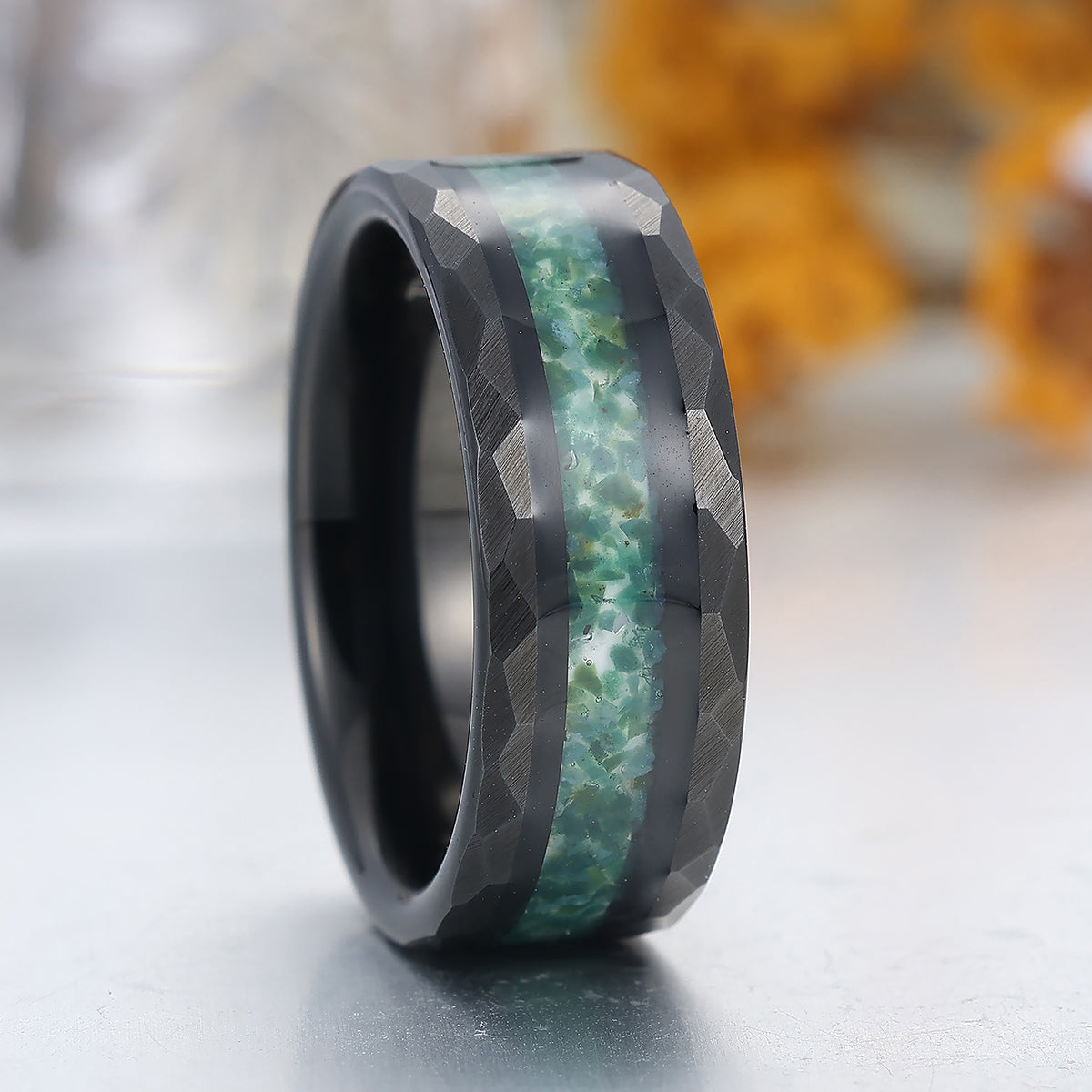 Crushed Moss Agate Tungsten Carbide Wedding Band Men's Green Hammered Black Ring