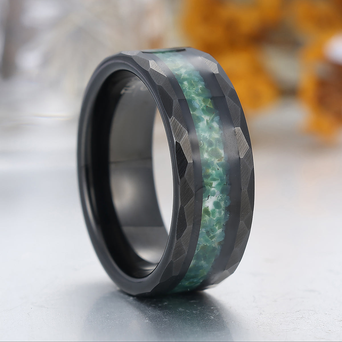 Crushed Moss Agate Tungsten Carbide Wedding Band Men's Green Hammered Black Ring