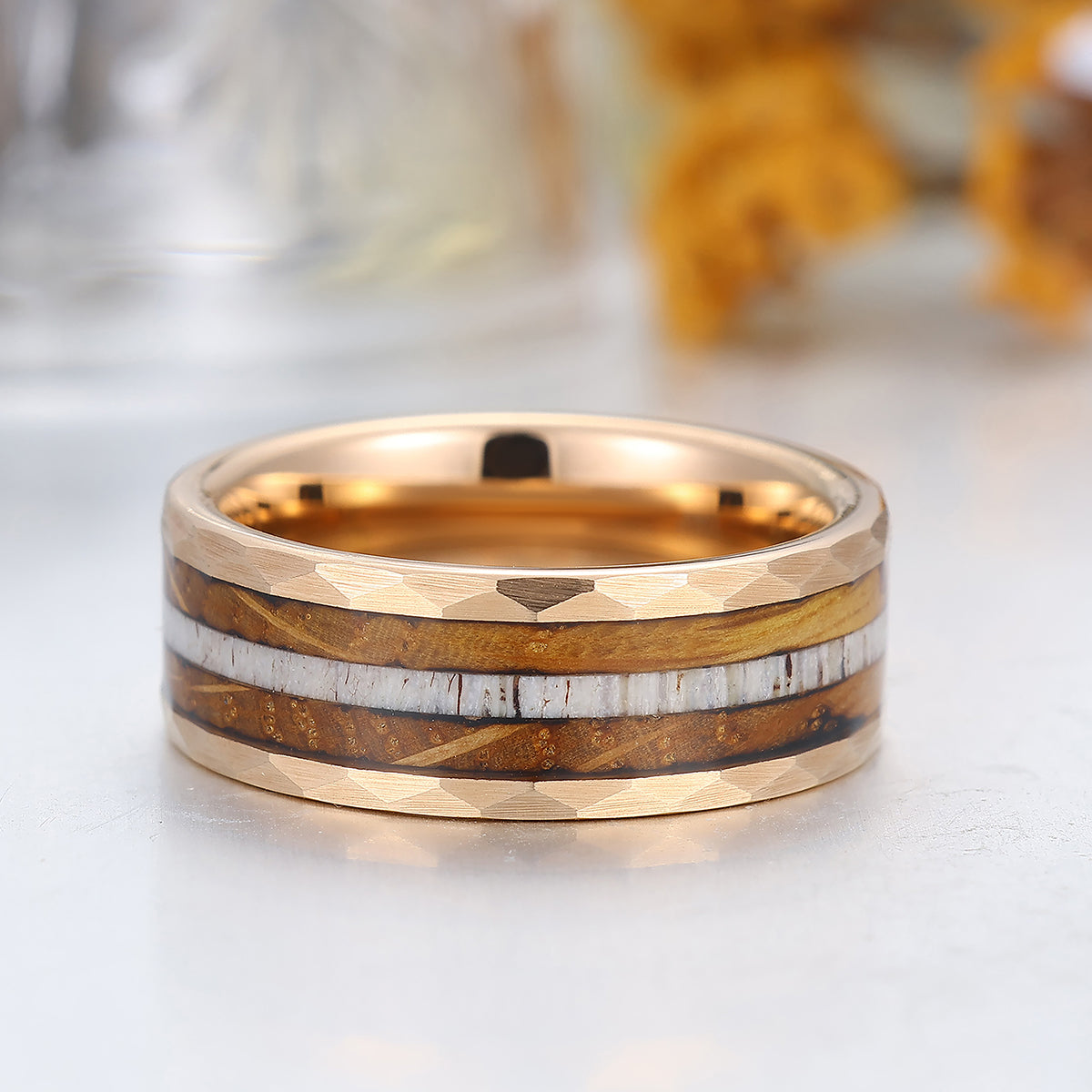Tactile Wood Strips Tungsten Wedding Band Mens Wooden Promise Ring Hammered Rose Gold Ring