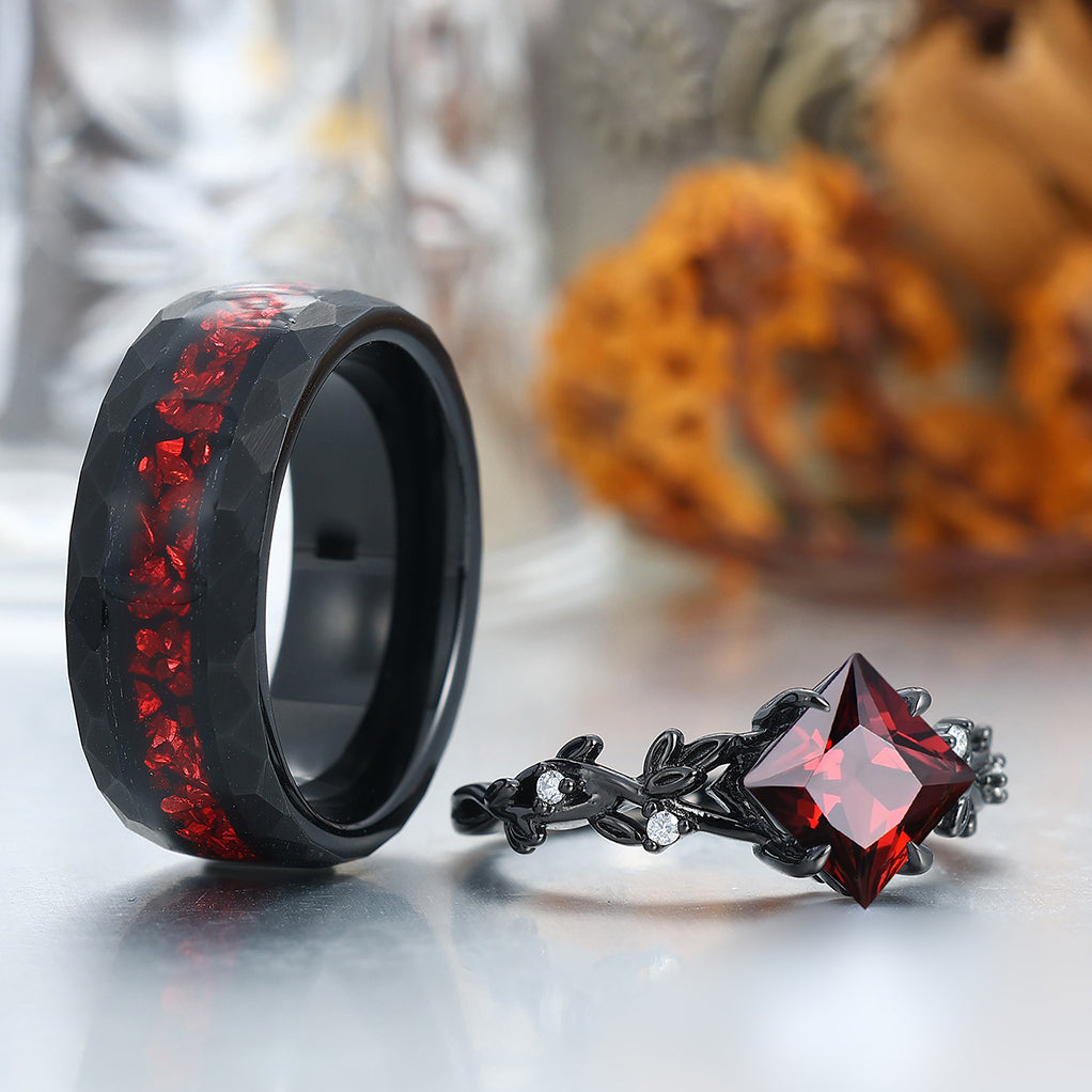 Exquisite Princess Leaf Red Garnet Engagement Couple Rings And Tungsten Black Plated His And Hers Matching Bands