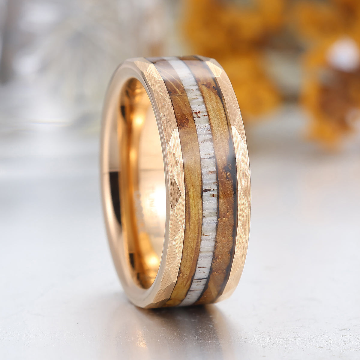 Tactile Wood Strips Tungsten Wedding Band Mens Wooden Promise Ring Hammered Rose Gold Ring
