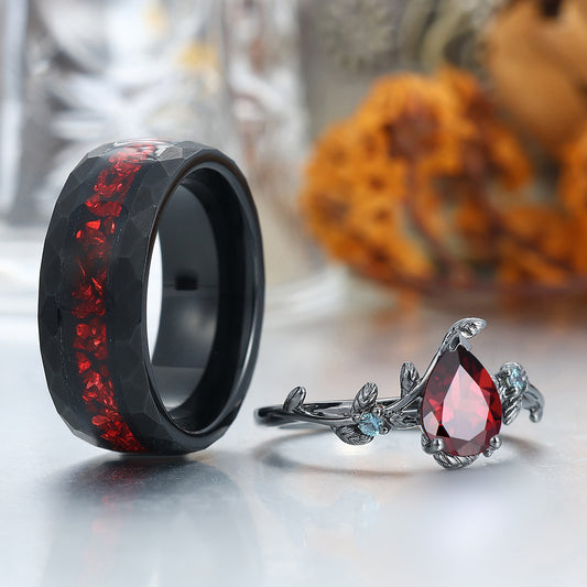 Pear Cut Natural Red Garnet Engagement Aquamarine Inlaid His and Hers Wedding Ring