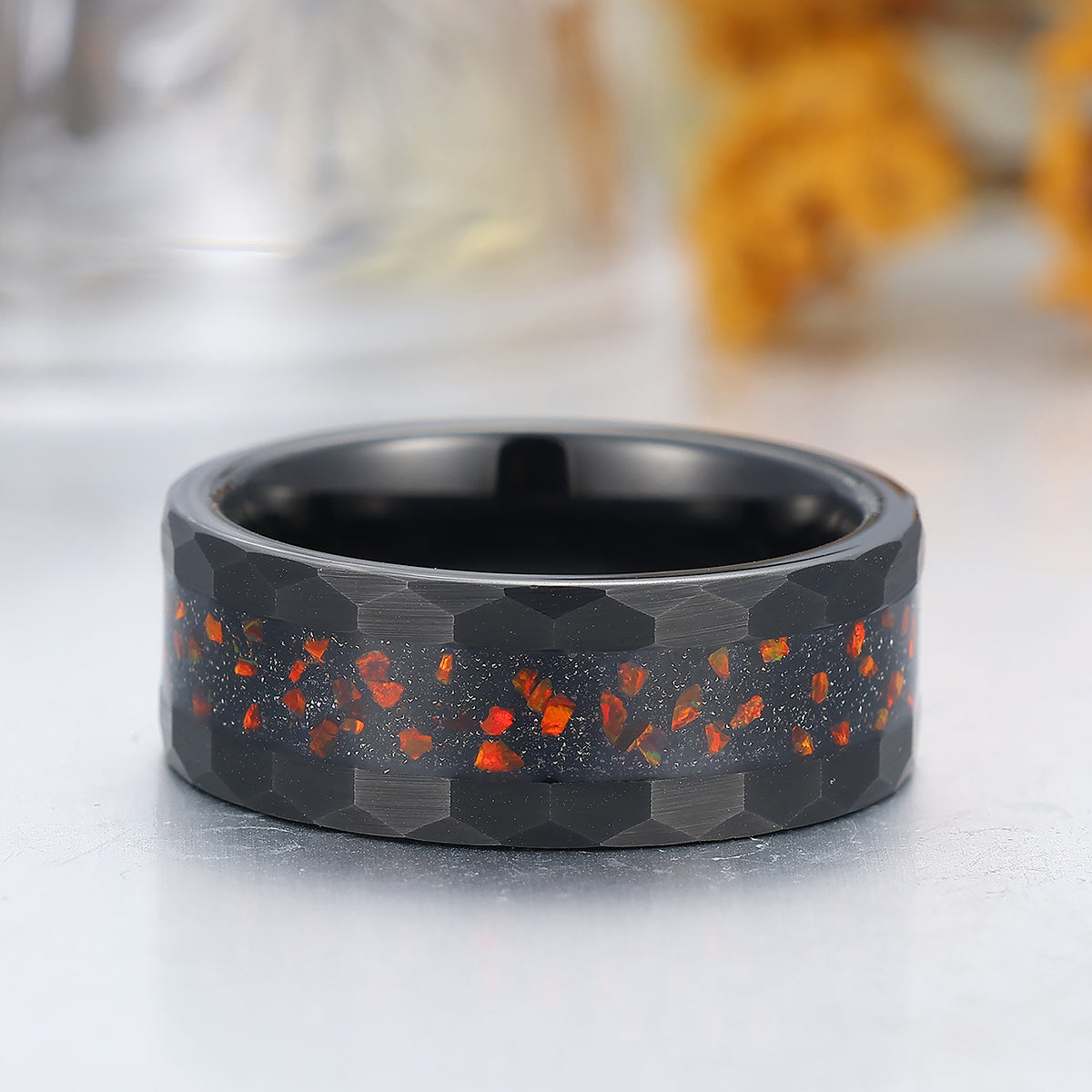 Red Fire Opal Blue Sandstone Inlay Tungsten Ring Black Men's Hammered Tungsten Ring