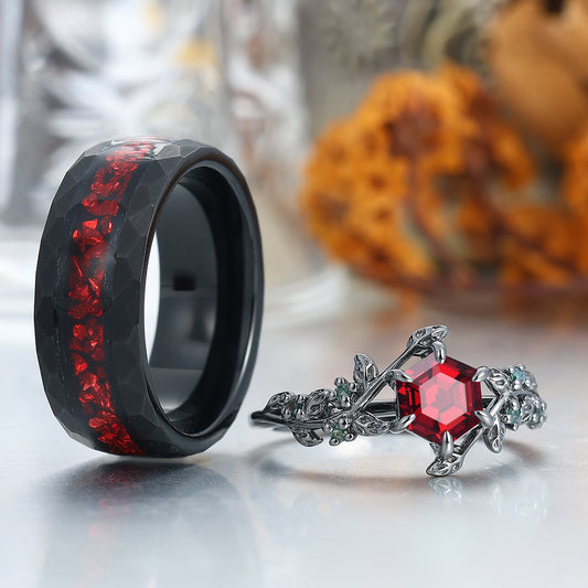 Hexagon Cut Red Garnet  Leaf Couples Ring Set His and Hers Wedding Band Rubys Inlay Tungsten Ring