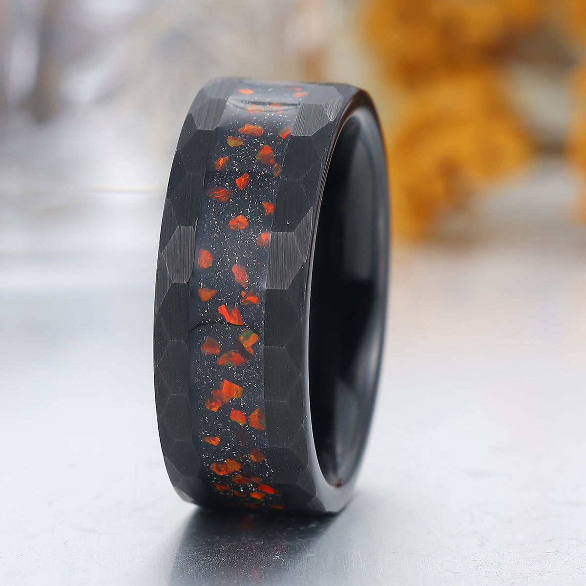 Red Fire Opal Blue Sandstone Inlay Tungsten Ring Black Men's Hammered Tungsten Ring