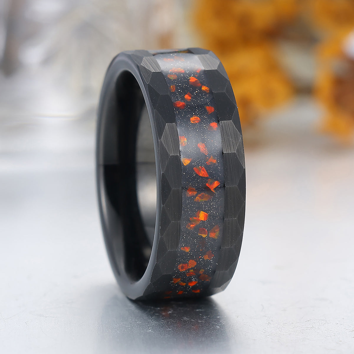 Red Fire Opal Blue Sandstone Inlay Tungsten Ring Black Men's Hammered Tungsten Ring