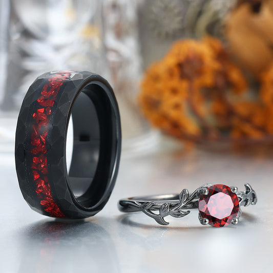 Solitaire Round Cut Red Garnet Couples Ring Set Silver And Tungsten Matching Ring Set