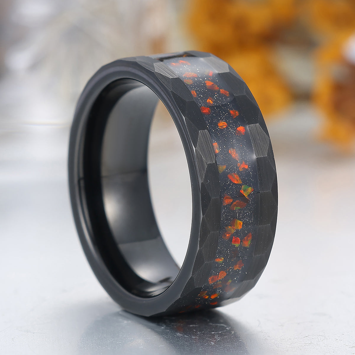 Red Fire Opal Blue Sandstone Inlay Tungsten Ring Black Men's Hammered Tungsten Ring