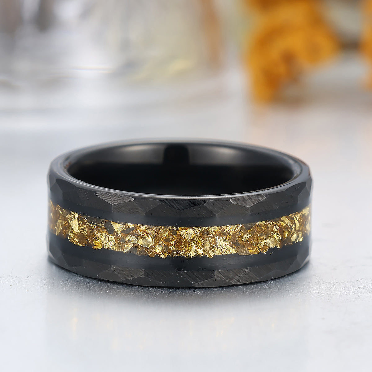 Yellow Citrine Inlaid Tungsten Carbide Wedding Band Black Hammered Mens Promise Ring