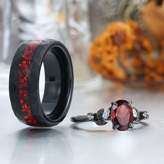 Leaves Natural Red Garnet Engagement Black Plated Couples Ring Hammered Tungsten Matching Band Couples' Set