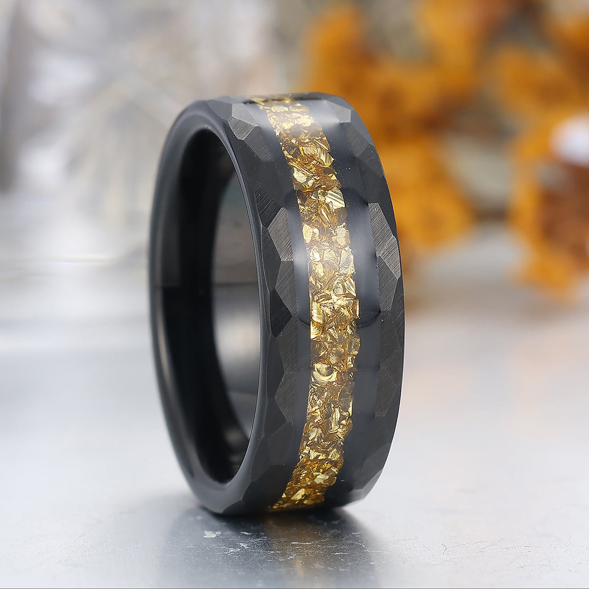 Yellow Citrine Inlaid Tungsten Carbide Wedding Band Black Hammered Mens Promise Ring