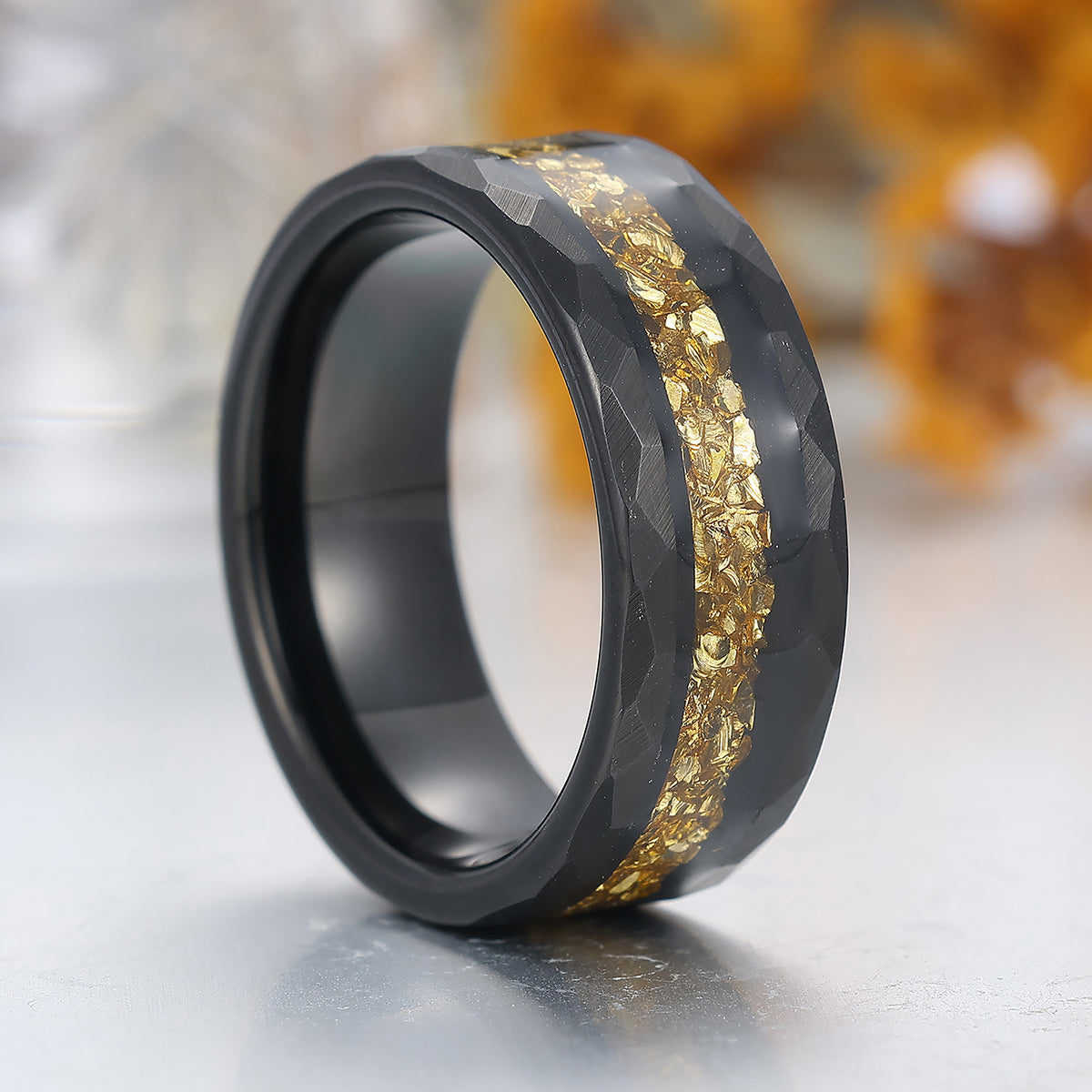 Yellow Citrine Inlaid Tungsten Carbide Wedding Band Black Hammered Mens Promise Ring