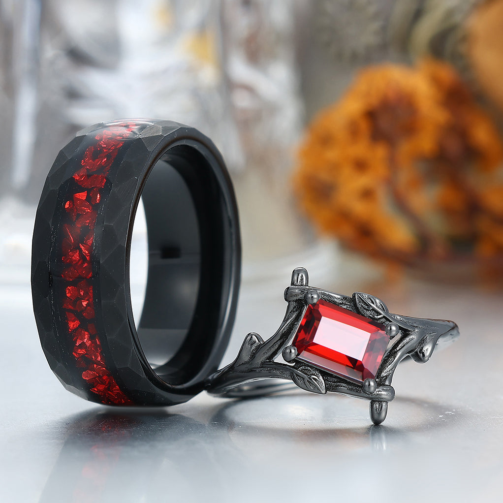 Emerald Cut Red Garnet Branches Couples Ring Set Red Opal Tungsten Matching His and Hers Wedding Band