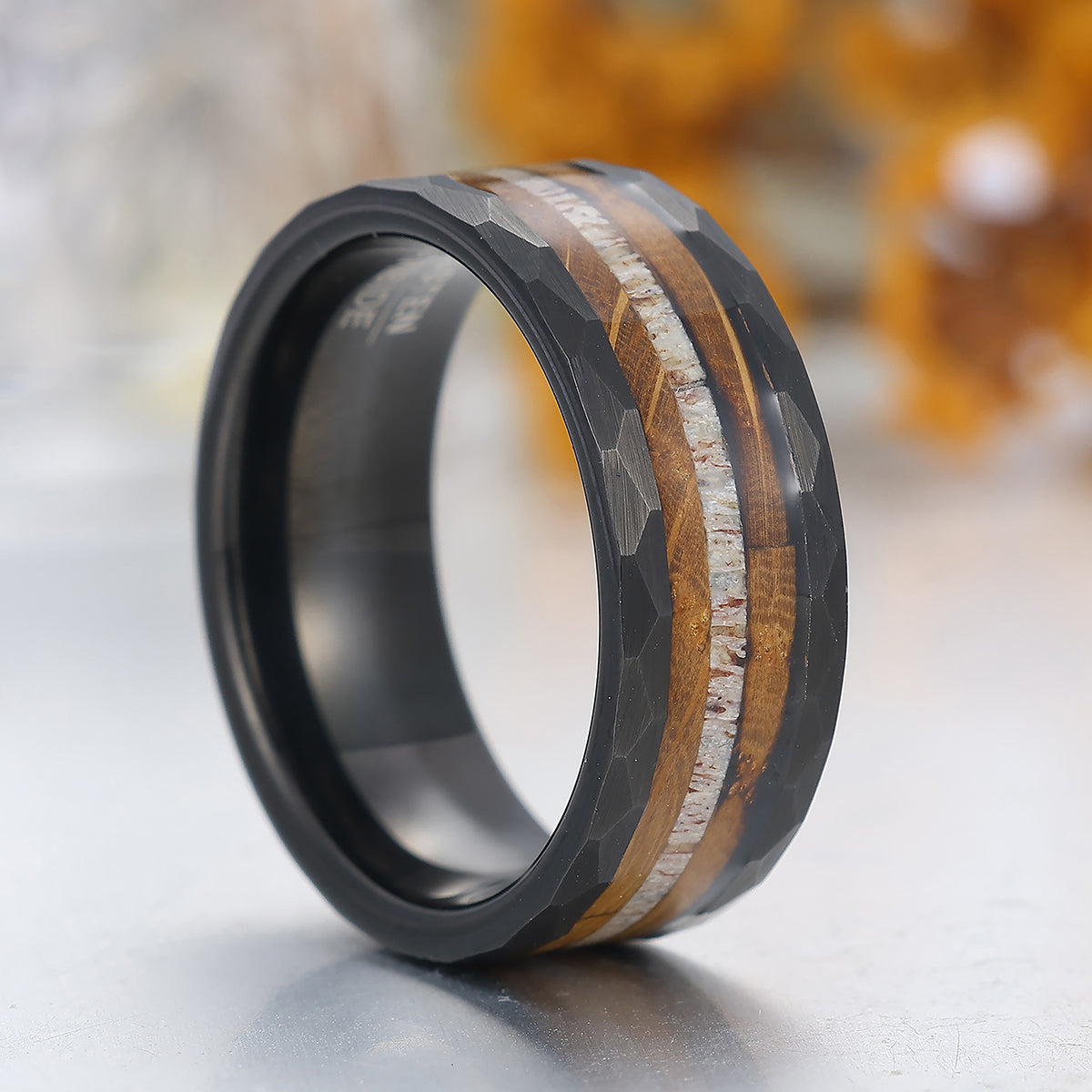 8mm Wood Strips Inlay Tungsten Ring Mens Wooden Wedding Band Hammered Black Ring