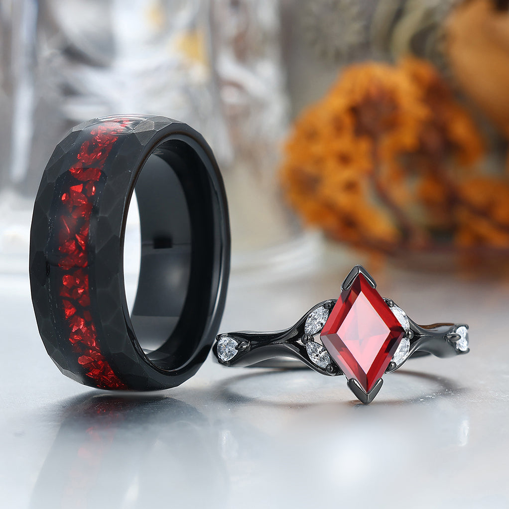 Stylish Red Garnet Accents Rings For Couples Unique Red Hammered Tungsten His Wedding Band
