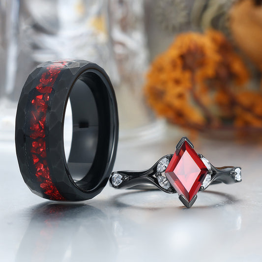 Stylish Red Garnet Accents Rings For Couples Unique Red Hammered Tungsten His Wedding Band