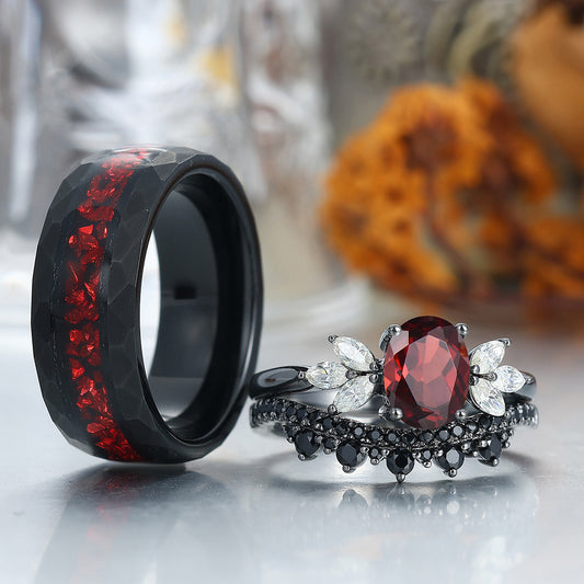 Vintage Oval Red Garnet Tungsten Ruby Couples Ring Set Sterling Sliver Black His and Hers Wedding Band