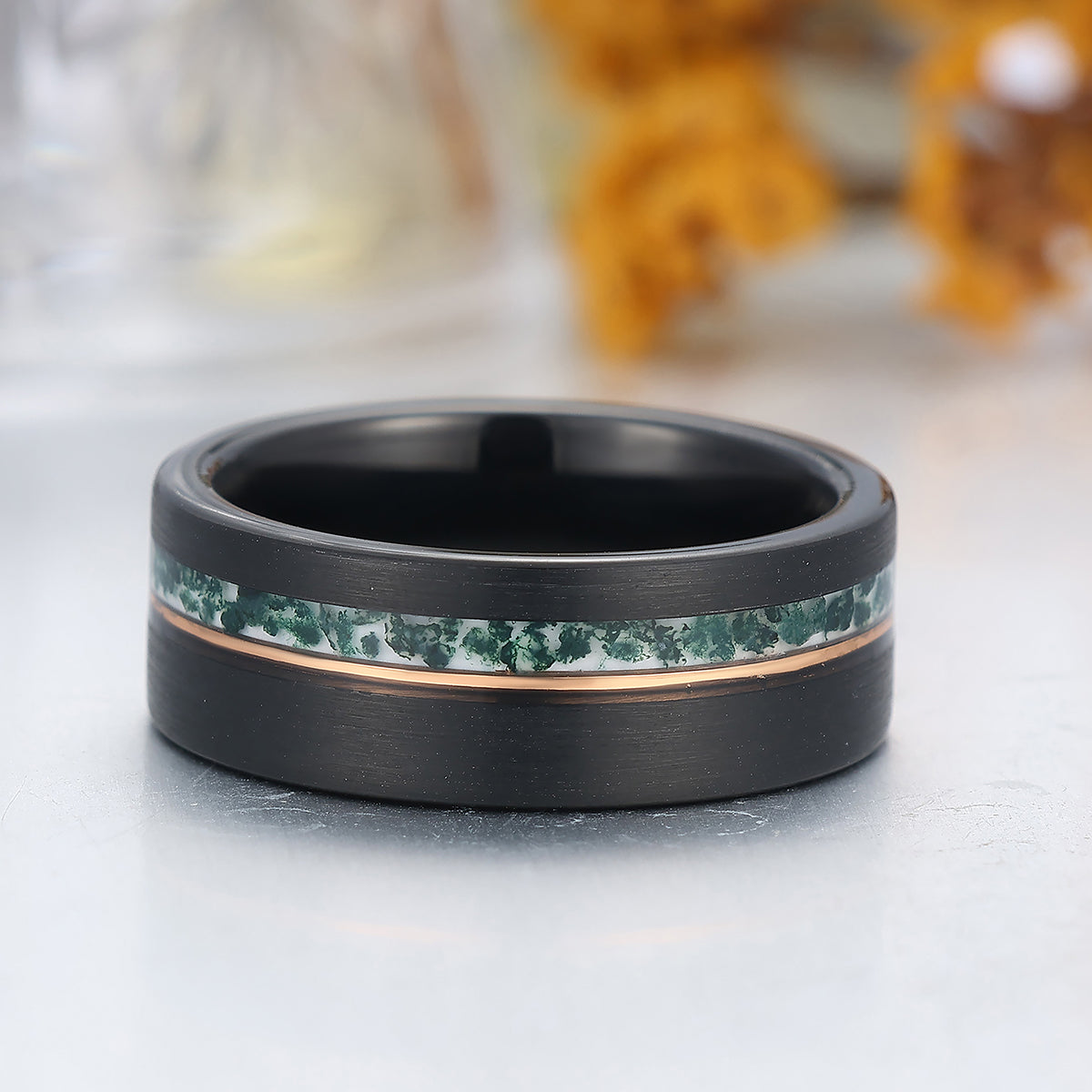 8mm Wide Moss Agate Men' s Tungsten Ring Black Wire Drawed Unisex Tungsten Wedding Band