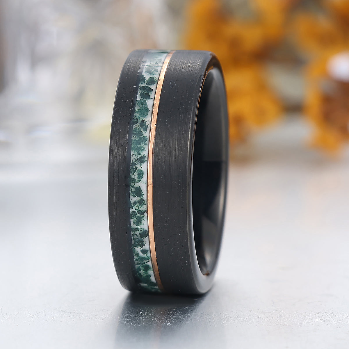 8mm Wide Moss Agate Men' s Tungsten Ring Black Wire Drawed Unisex Tungsten Wedding Band