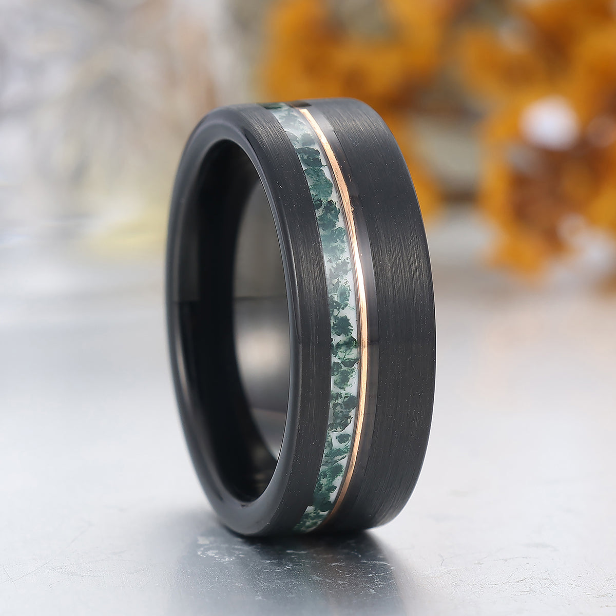 8mm Wide Moss Agate Men' s Tungsten Ring Black Wire Drawed Unisex Tungsten Wedding Band