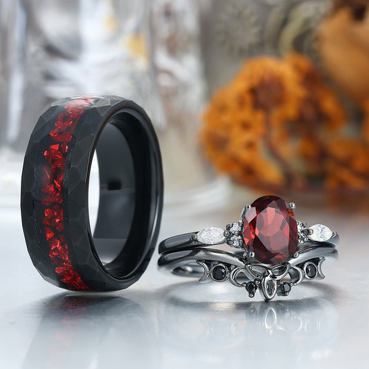 Vintage Oval Red Garnet Tungsten Ruby Couples Ring Set 925 Sterling Sliver Black His and Hers Wedding Band