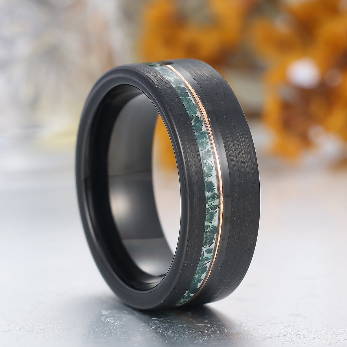8mm Wide Moss Agate Men' s Tungsten Ring Black Wire Drawed Unisex Tungsten Wedding Band