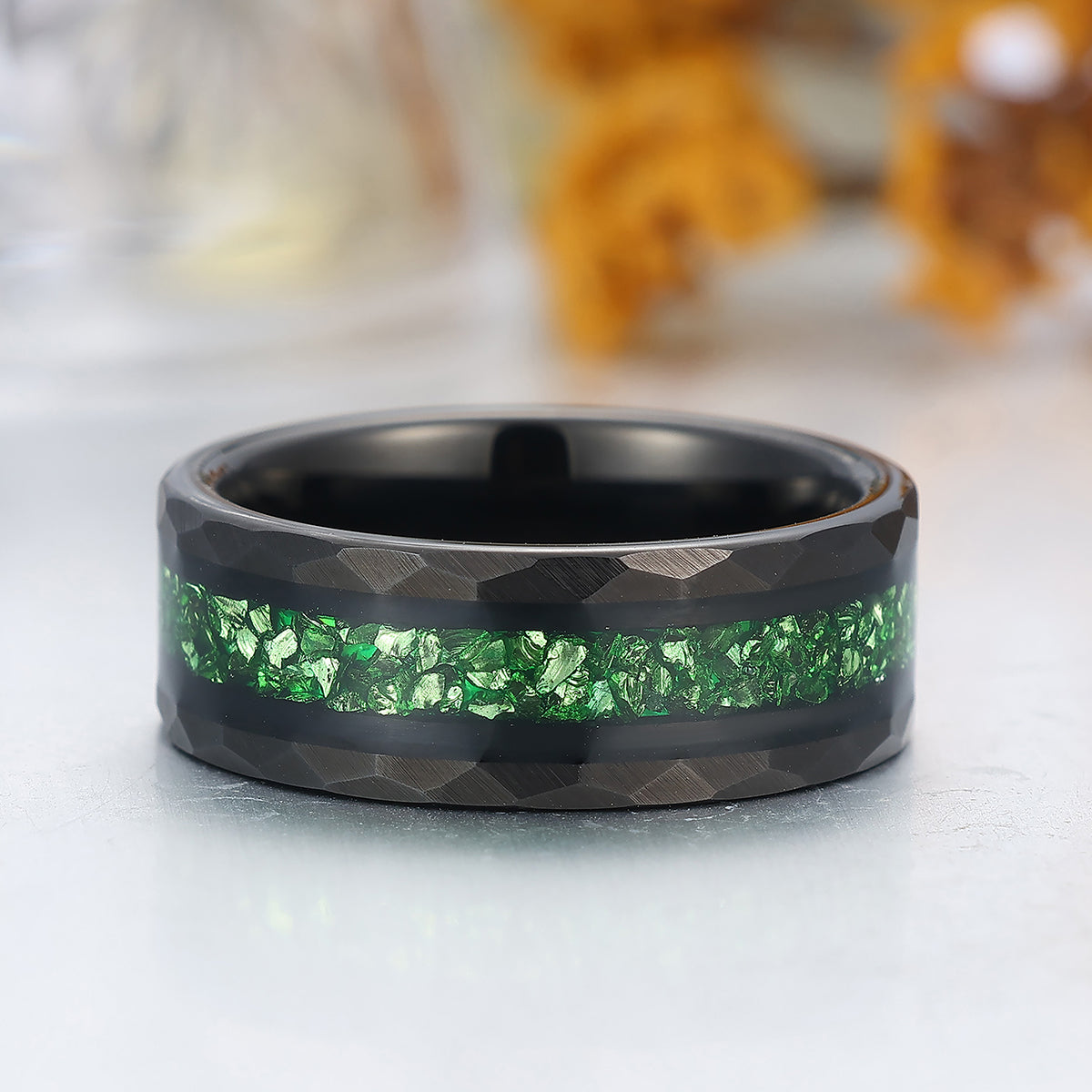 Hammered Emerald Mens Tungsten Band Green Gemstone And Black Tungsten Ring Anniversary Ring