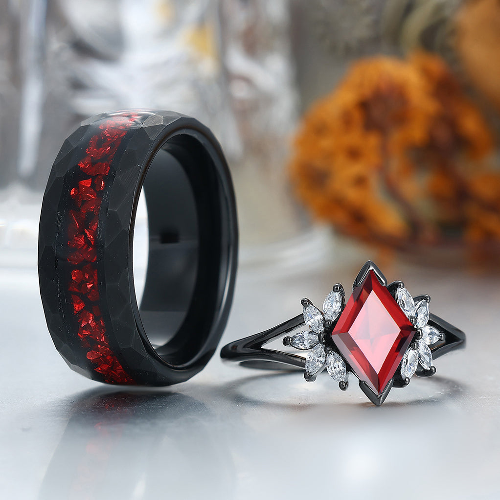 Artsy  Red Garnet Milgrain Ring Set For Couples Promise Blue Tungsten His and Hers Wedding Bands