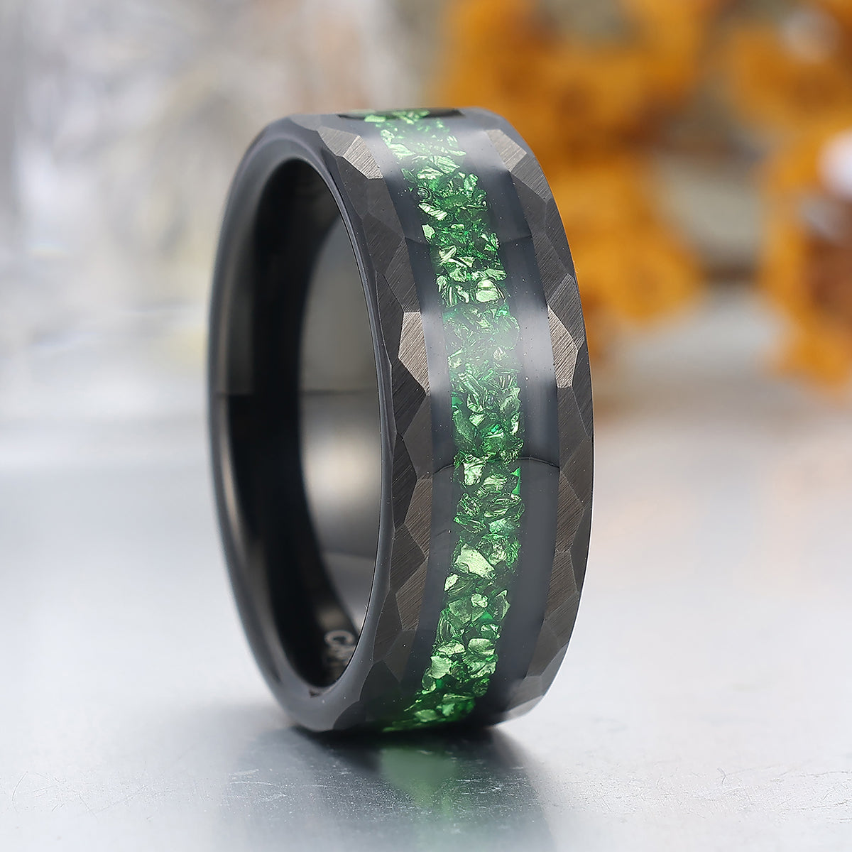 Hammered Emerald Mens Tungsten Band Green Gemstone And Black Tungsten Ring Anniversary Ring