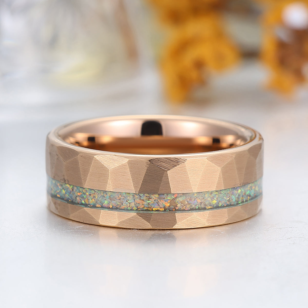 Pink White Opal Rose Gold Plated Tungsten Wedding Band Hammer Men' s Unisex Ring