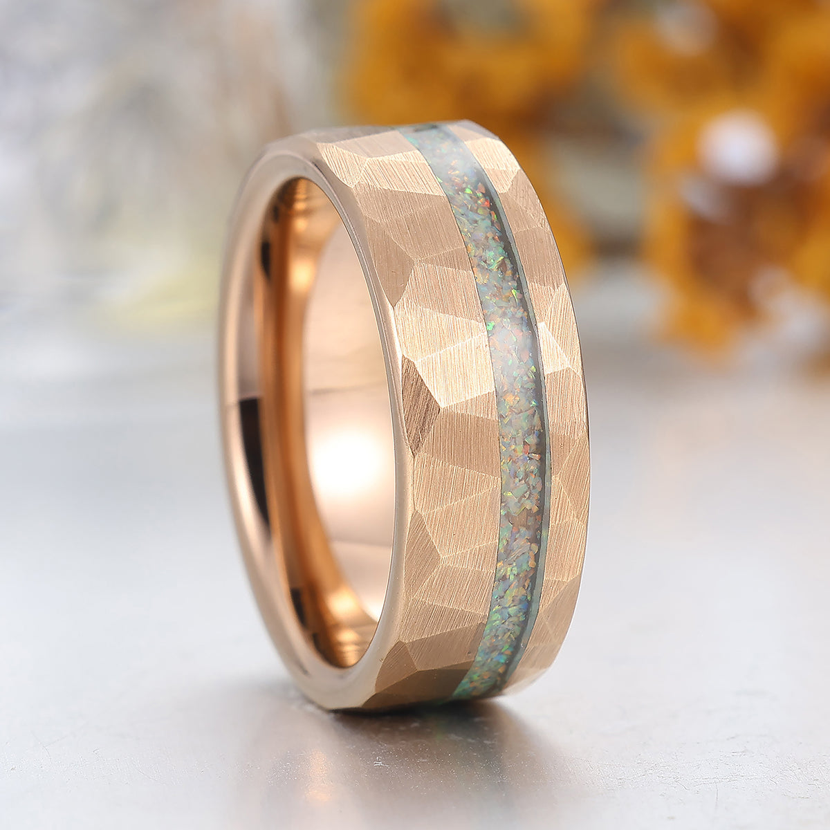 Pink White Opal Rose Gold Plated Tungsten Wedding Band Hammer Men' s Unisex Ring