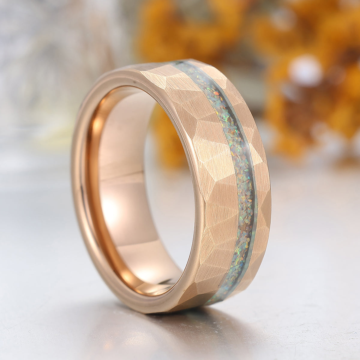 Pink White Opal Rose Gold Plated Tungsten Wedding Band Hammer Men' s Unisex Ring