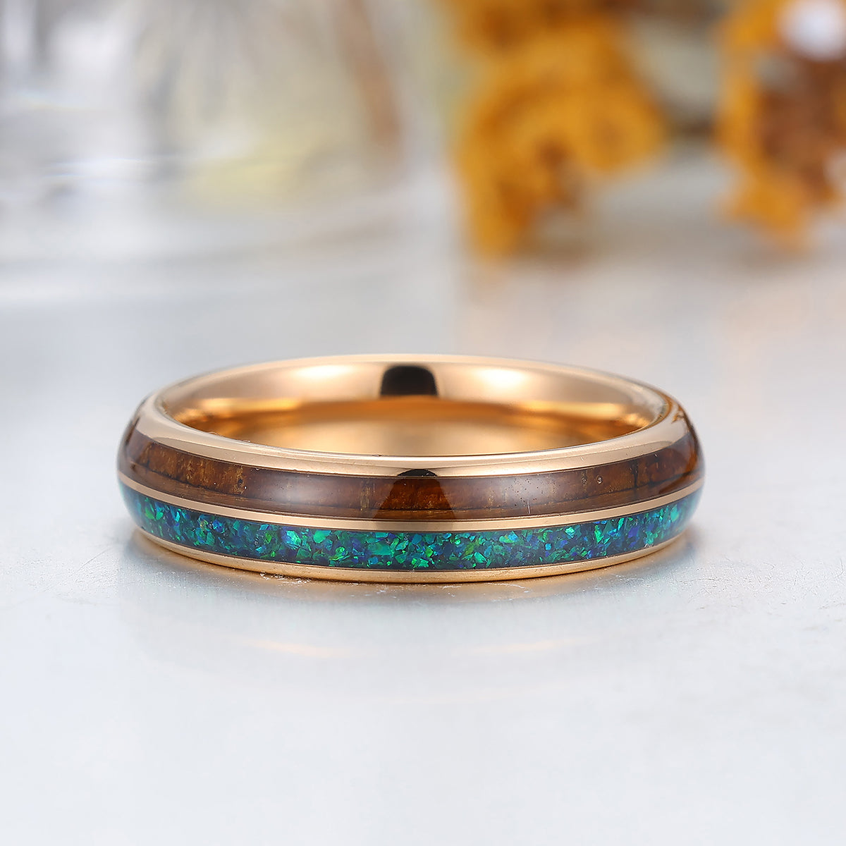 5mm Wooden Peacock Blue Opal Tungsten Band Polished Dome Rose Gold Tungsten Ring
