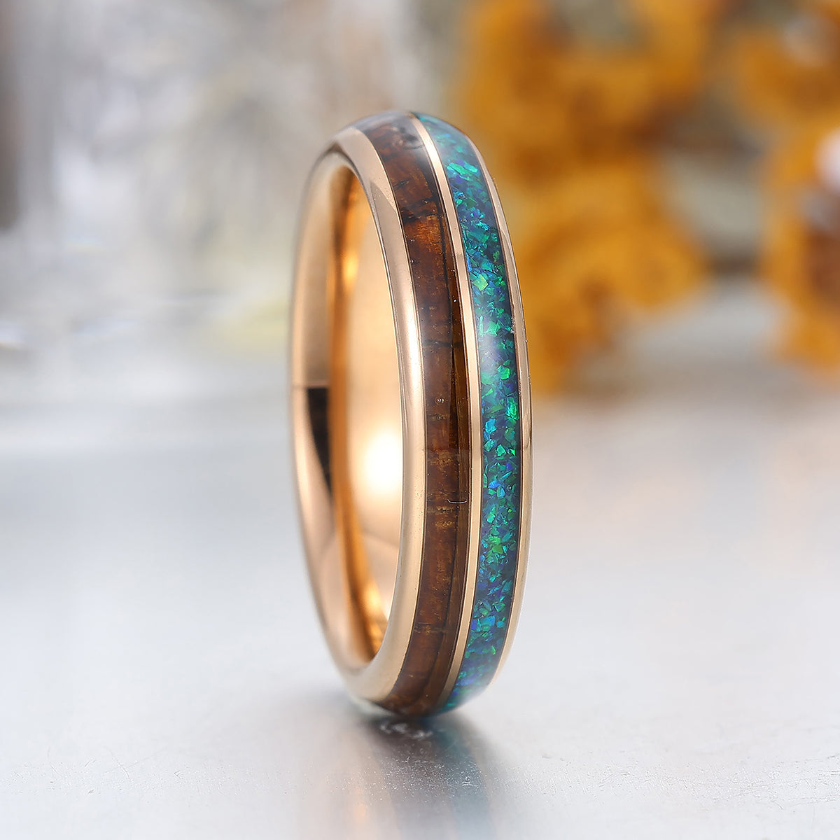 5mm Wooden Peacock Blue Opal Tungsten Band Polished Dome Rose Gold Tungsten Ring