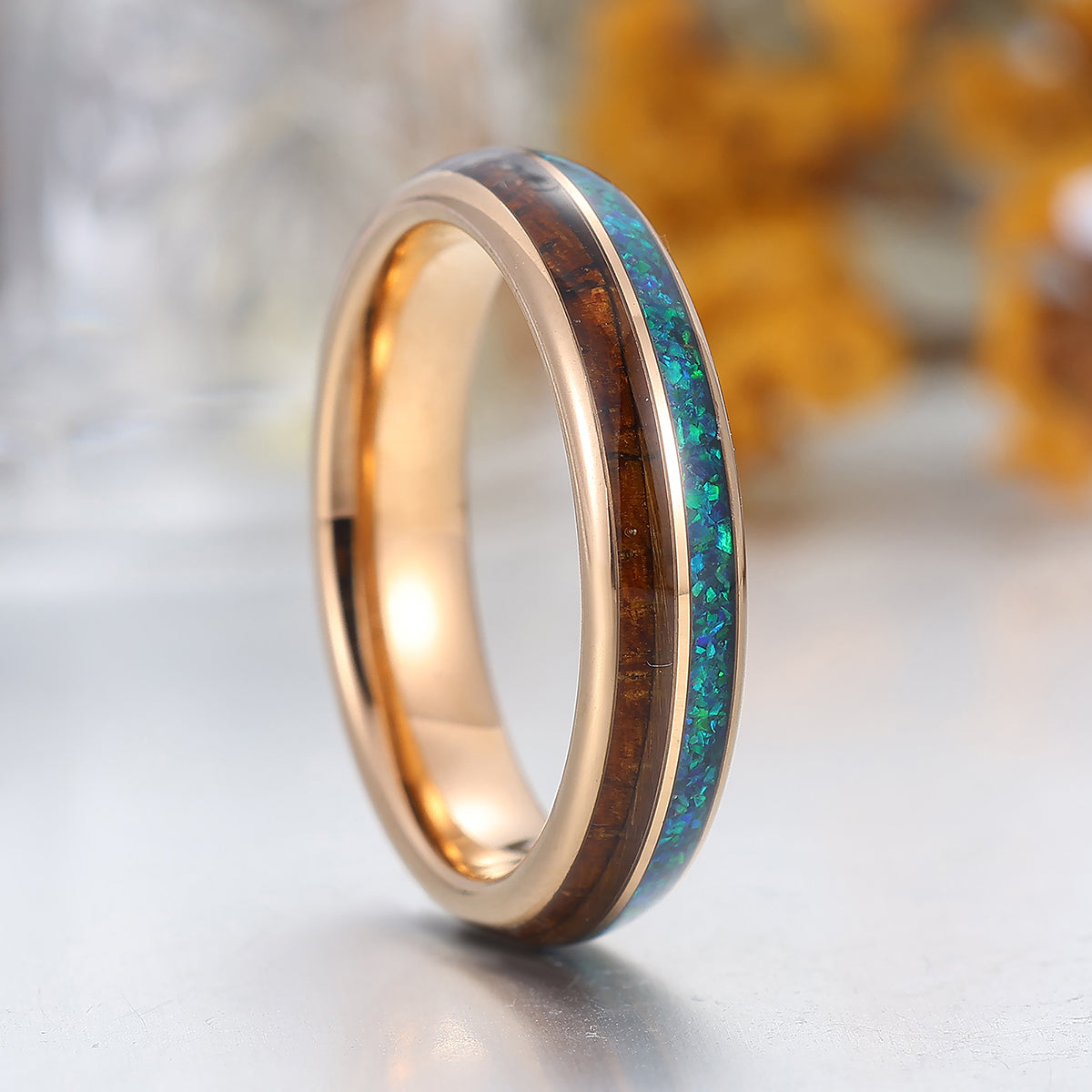 5mm Wooden Peacock Blue Opal Tungsten Band Polished Dome Rose Gold Tungsten Ring