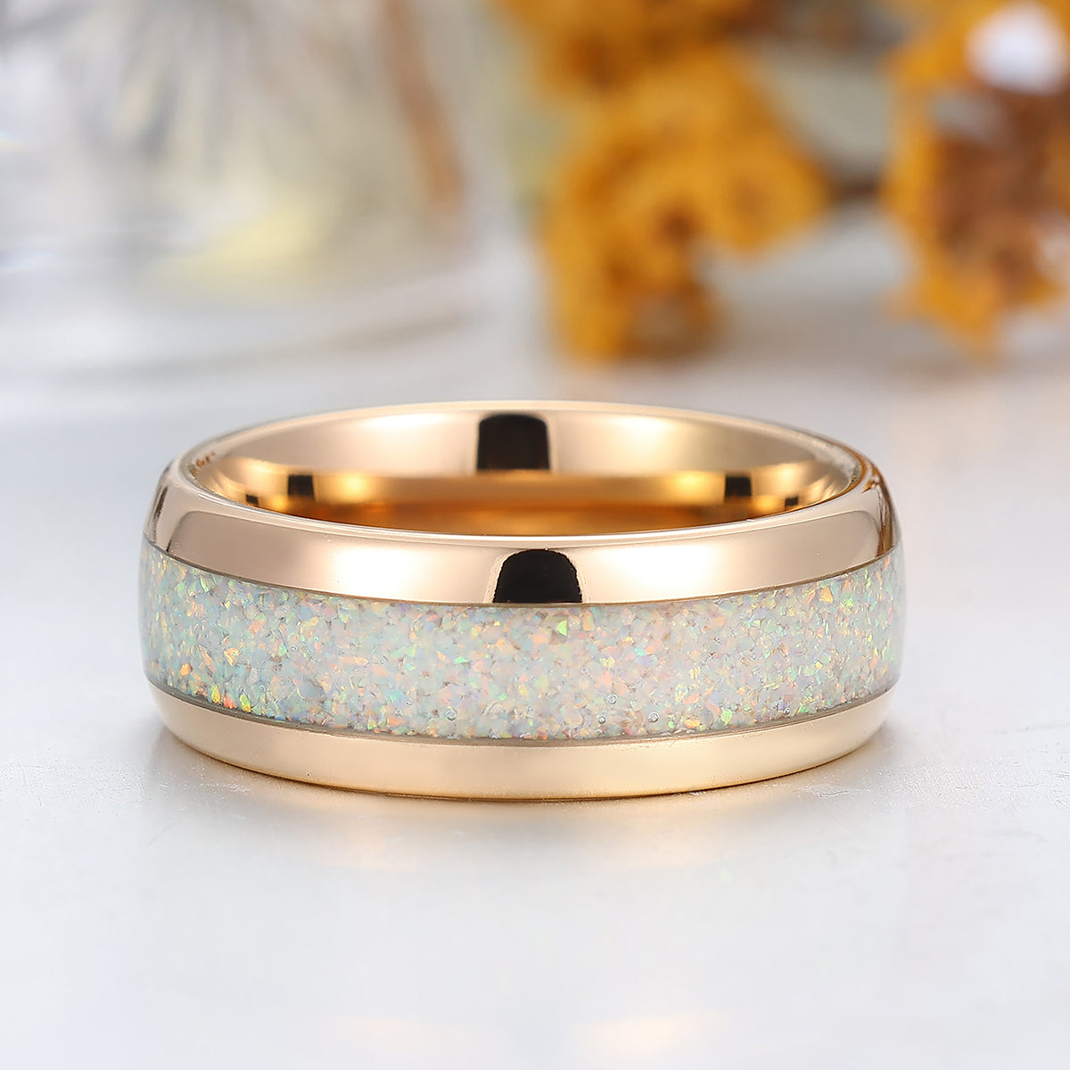 Snow White Opal Tungsten Ring Polished Dome Rose Gold Unisex Tungsten Ring