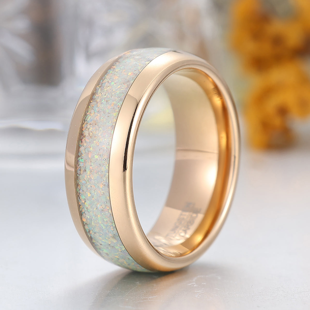 Snow White Opal Tungsten Ring Polished Dome Rose Gold Unisex Tungsten Ring