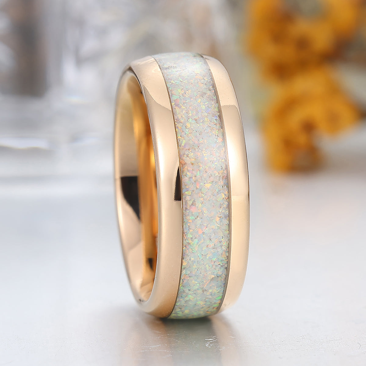 Snow White Opal Tungsten Ring Polished Dome Rose Gold Unisex Tungsten Ring