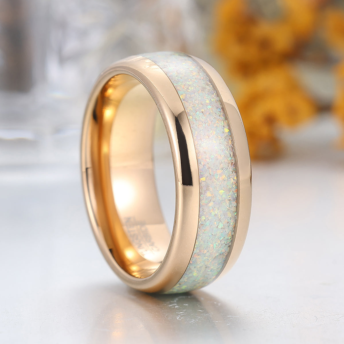 Snow White Opal Tungsten Ring Polished Dome Rose Gold Unisex Tungsten Ring