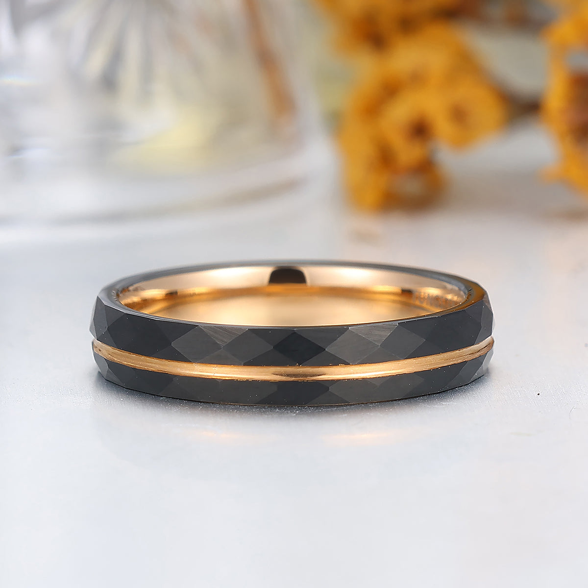 Minimalist Black Rhombus Lattice Grooves Tungsten Ring 4mm Rose Gold Tungsten Ring