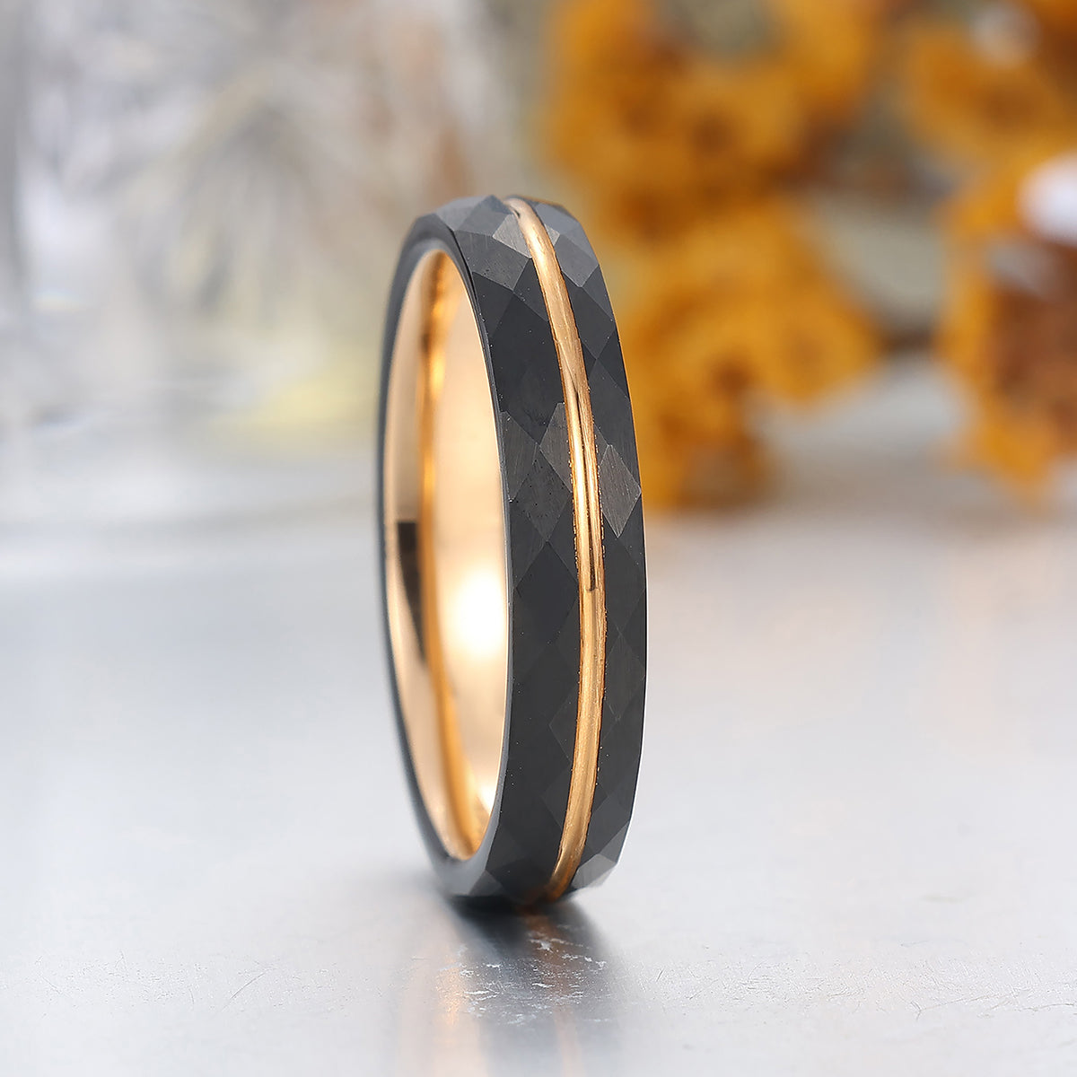 Minimalist Black Rhombus Lattice Grooves Tungsten Ring 4mm Rose Gold Tungsten Ring
