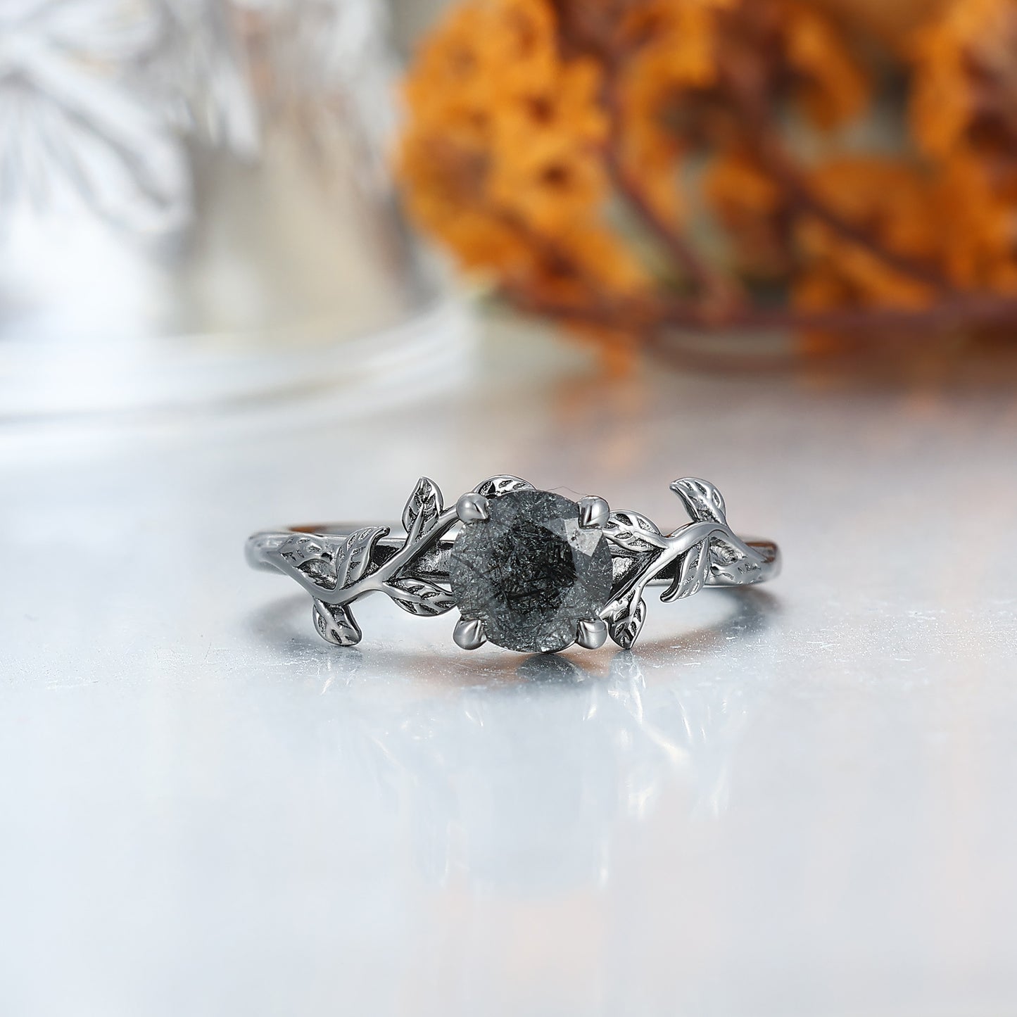 Unique Black Rutilated Quartz Leaf Streak Engagement Couple Rings Matching Promise His And Hers Wedding Band