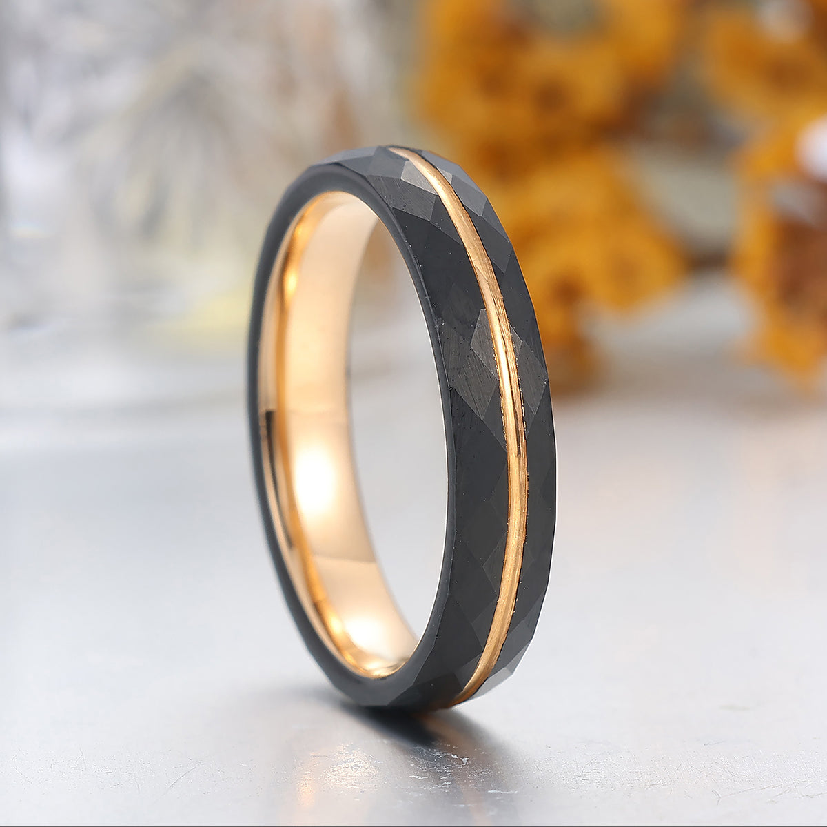 Minimalist Black Rhombus Lattice Grooves Tungsten Ring 4mm Rose Gold Tungsten Ring