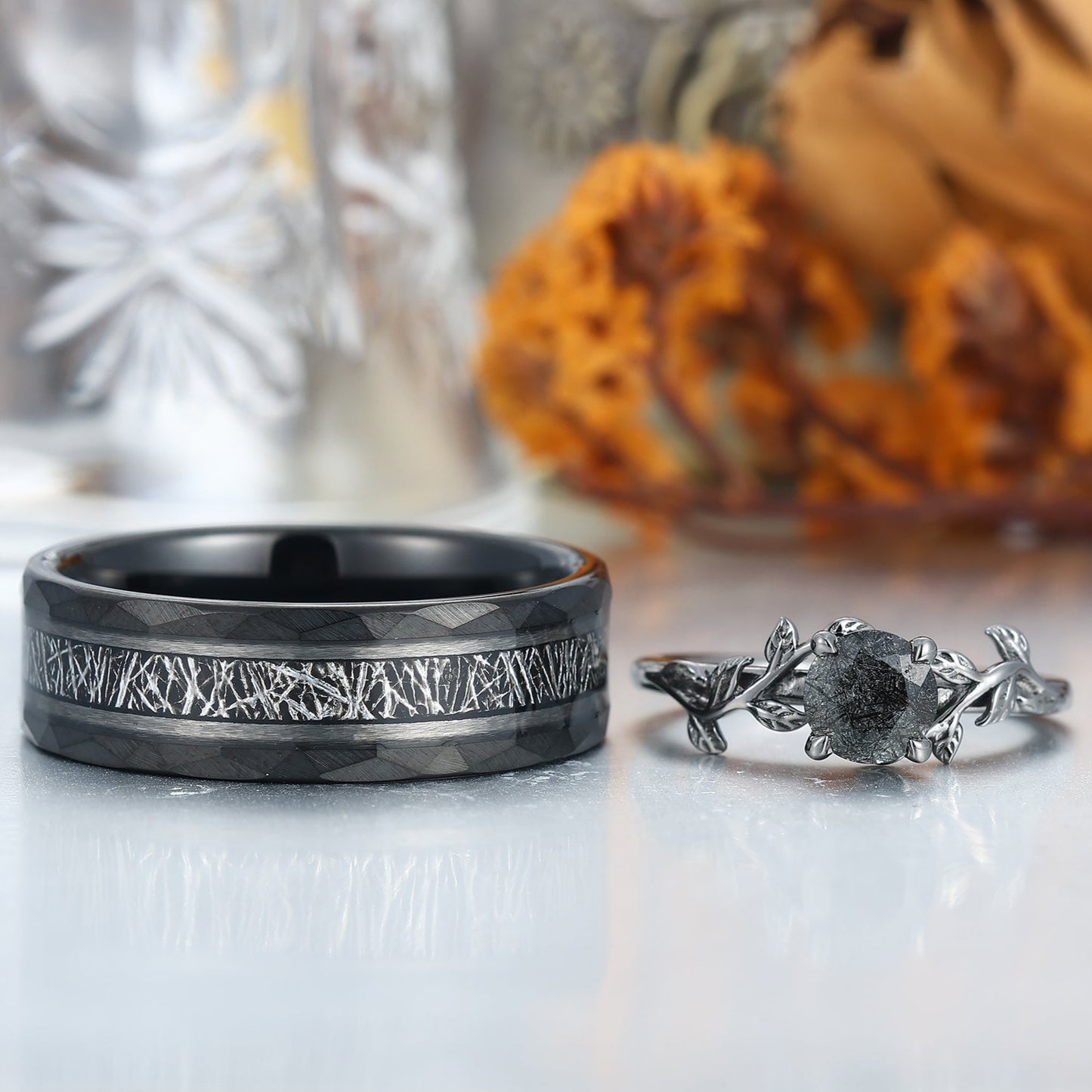Unique Black Rutilated Quartz Leaf Streak Engagement Couple Rings Matching Promise His And Hers Wedding Band