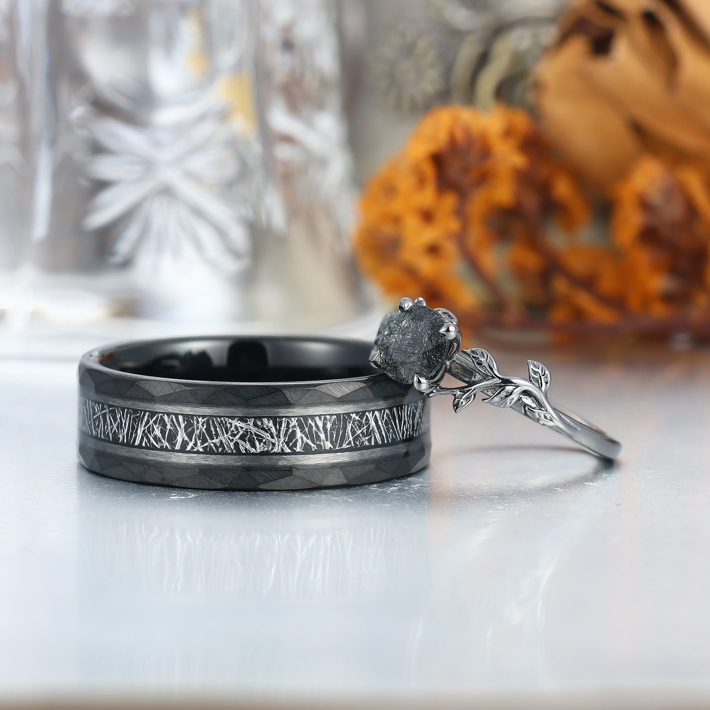 Unique Black Rutilated Quartz Leaf Streak Engagement Couple Rings Matching Promise His And Hers Wedding Band