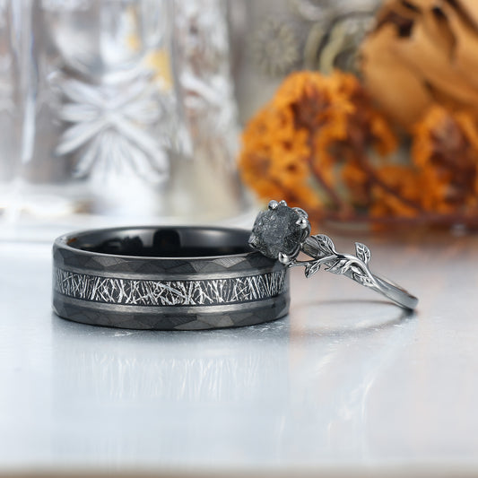Unique Black Rutilated Quartz Leaf Streak Engagement Couple Rings Matching Promise His And Hers Wedding Band