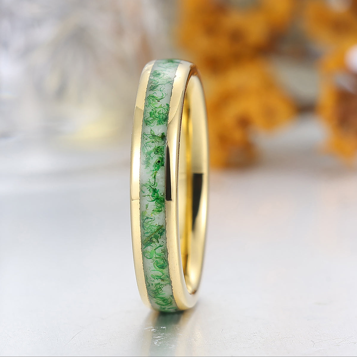 4mm Natural Moss Agate Tungsten Carbide Ring Green Gemstone And Yellow Gold Tungsten Band