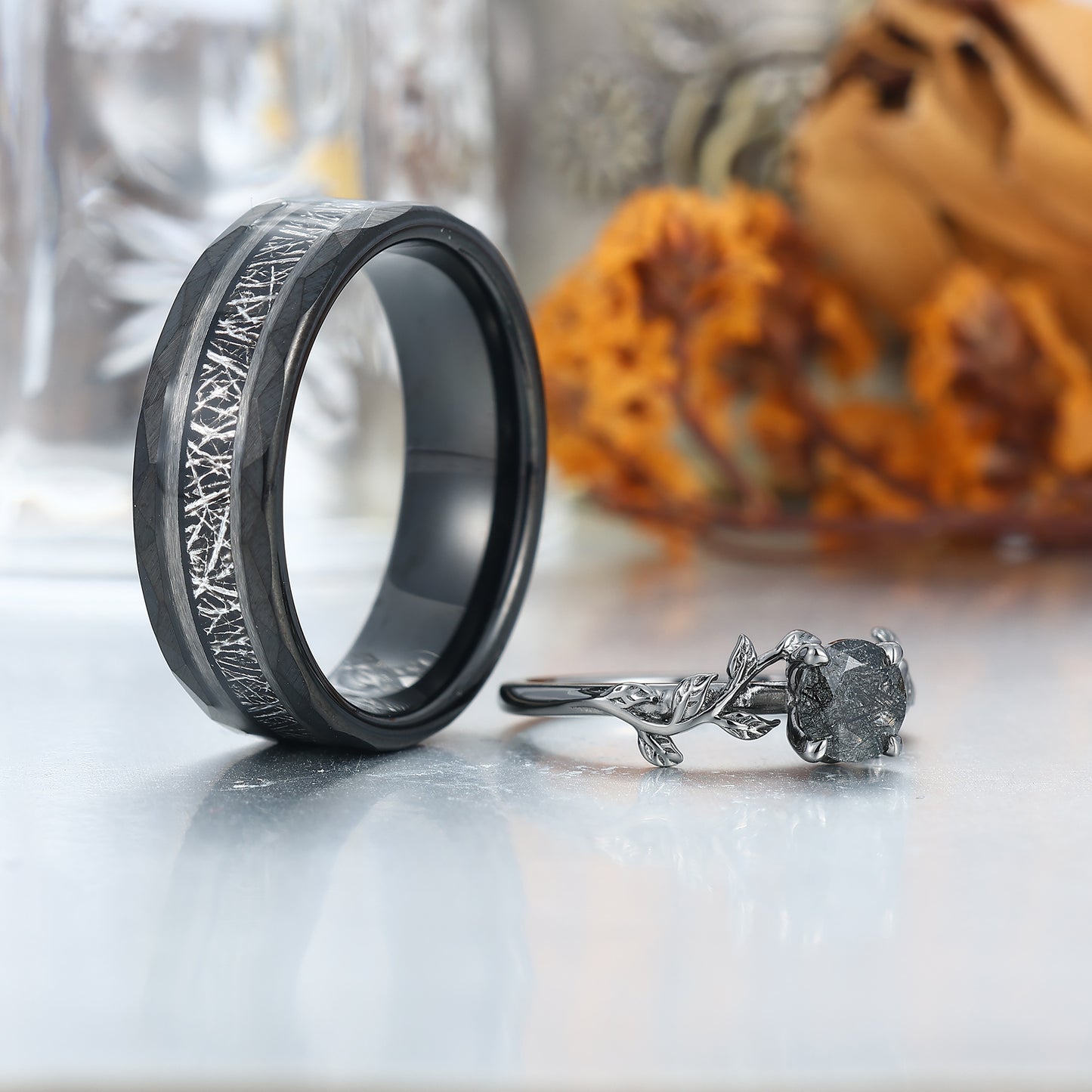 Unique Black Rutilated Quartz Leaf Streak Engagement Couple Rings Matching Promise His And Hers Wedding Band