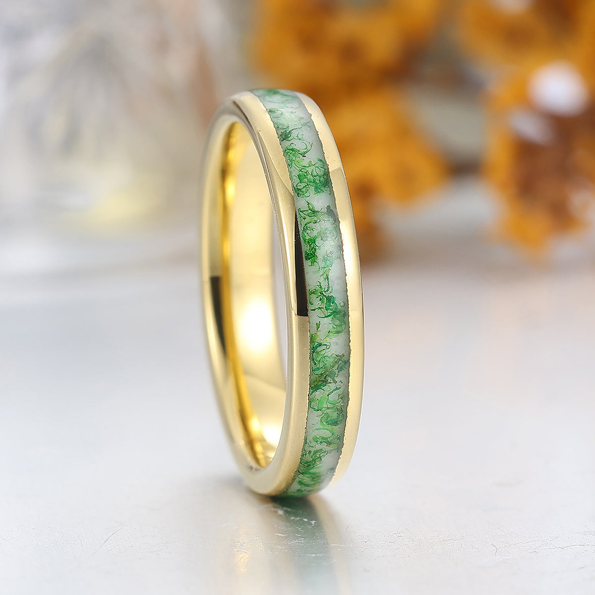 4mm Natural Moss Agate Tungsten Carbide Ring Green Gemstone And Yellow Gold Tungsten Band