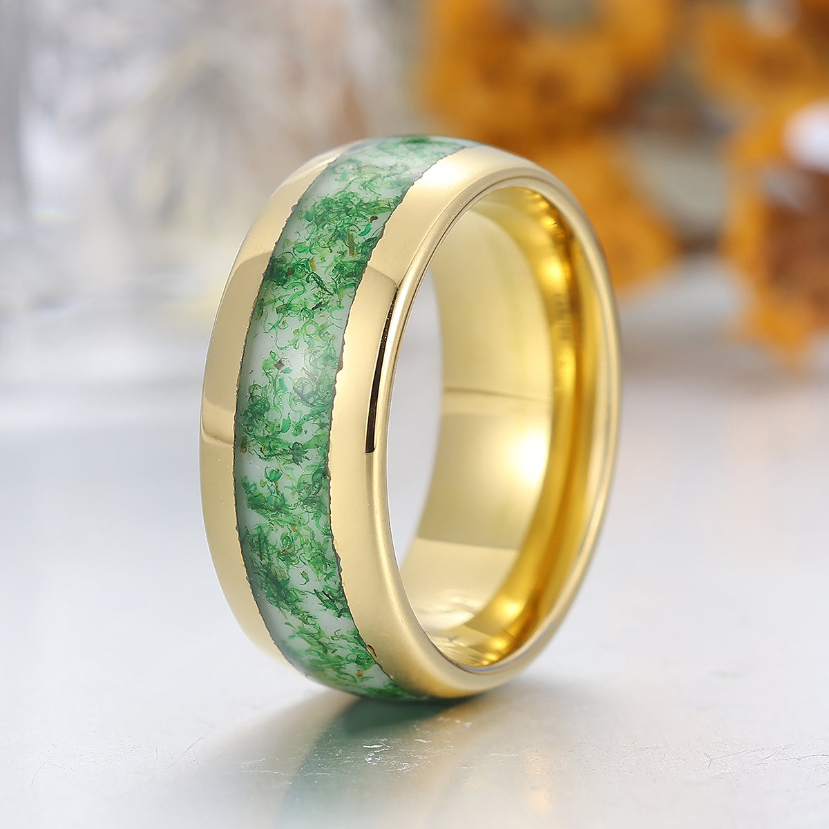 Crushed Moss Agate Tungsten Carbide Ring 8mm Green Gemstone And Yellow Gold Tungsten Band